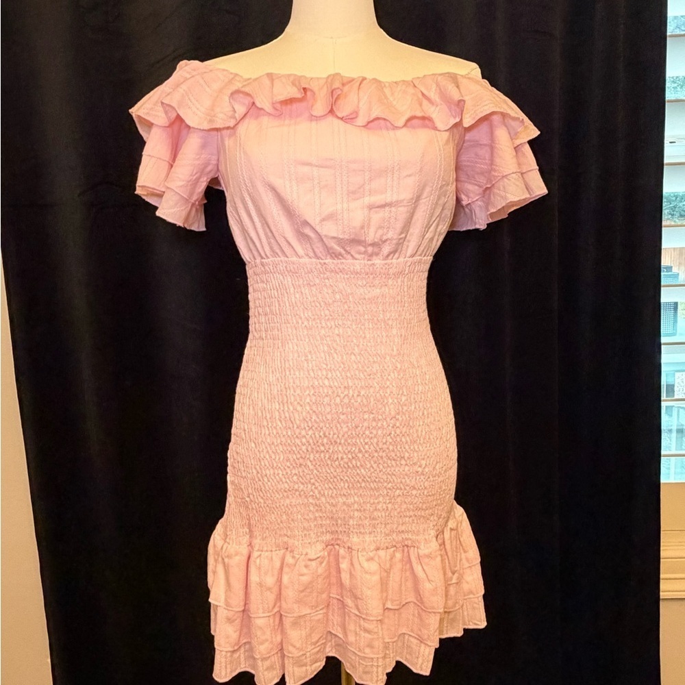 NWT - Pink Off-the-shoulder Smocked Mini Dress. Size Small. - Picture 2 of 9